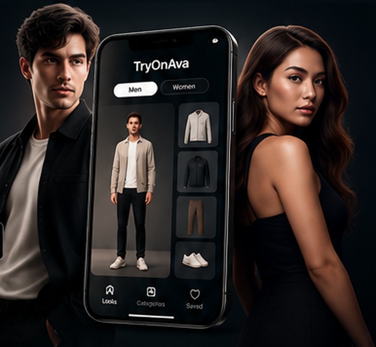 TryOnAva app showing a virtual outfit try-on on an avatar