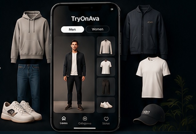 Outfit collection displayed around the TryOnAva app